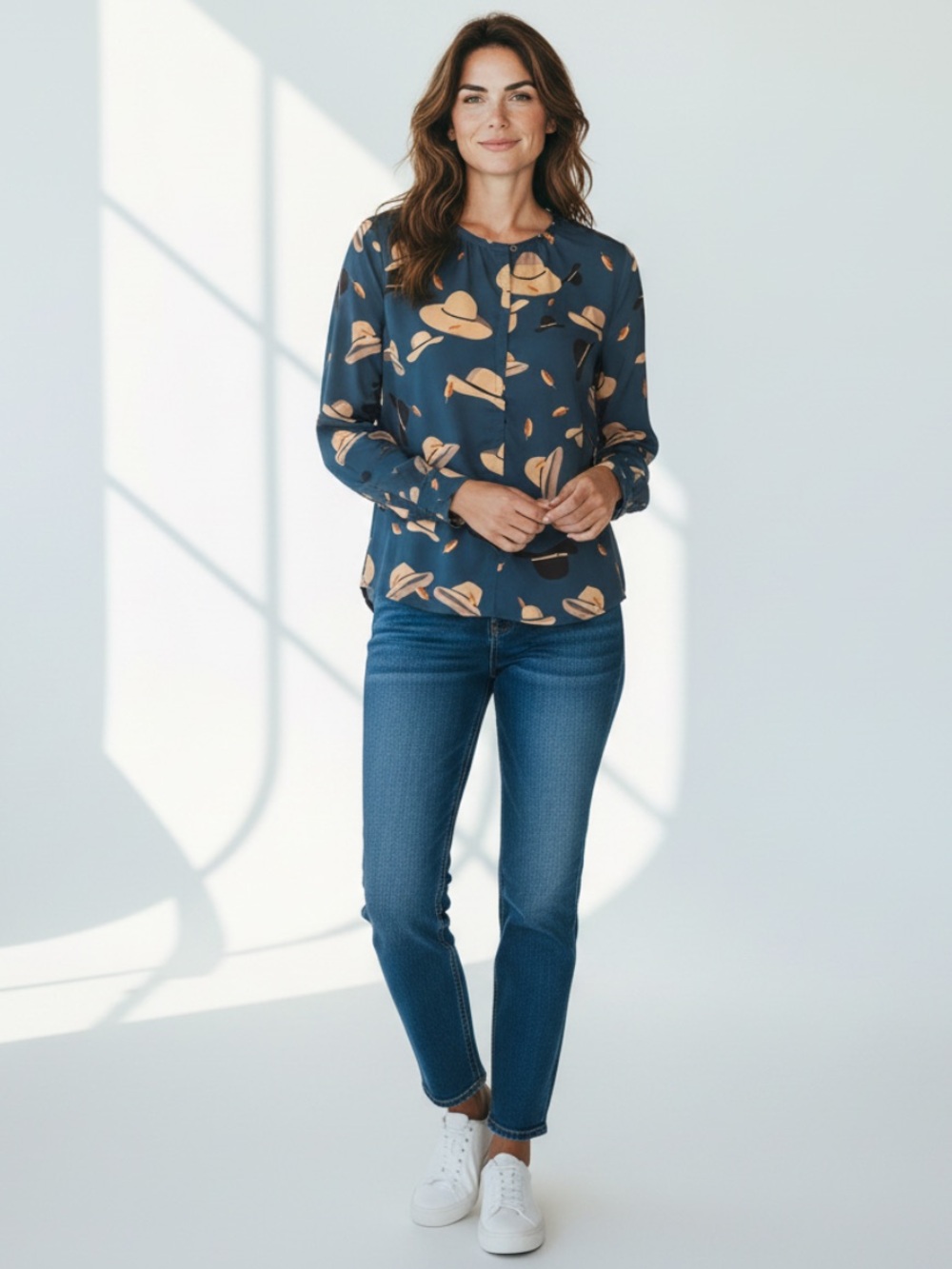 Bass Teal Blouse with Beige and Black Hat Print